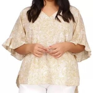Michael Kors Plus Size 2X Beige Paisley Ruffle Sleeve Blouse
